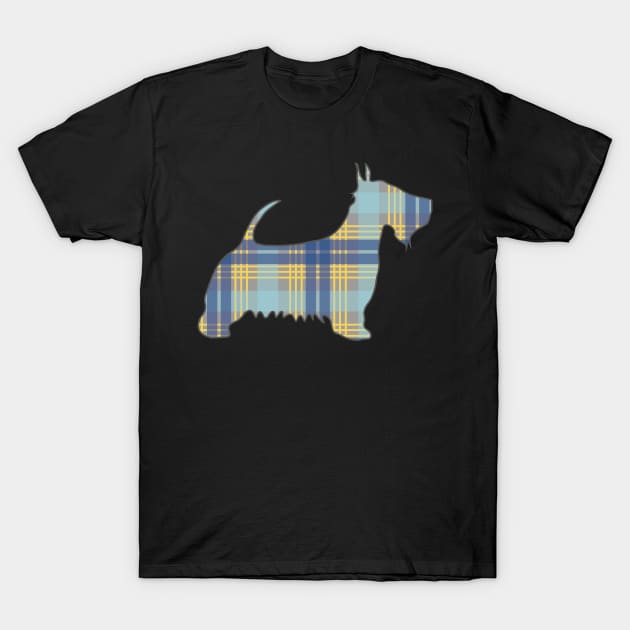 Blue, Grey and Yellow Tartan Scottish Terrier Dog Silhouette T-Shirt by MacPean